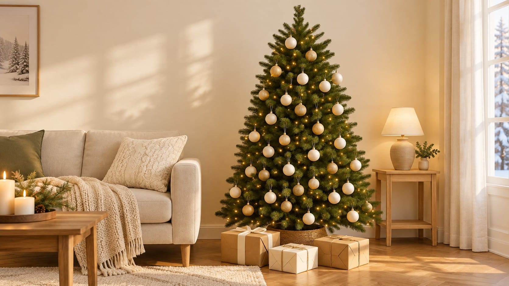 Christmas tree with warm white lights and ivory and gold ornaments in a sunlit cream living room, beside a linen sofa with a knit throw and kraft-paper gifts in front of a woven tree collar.