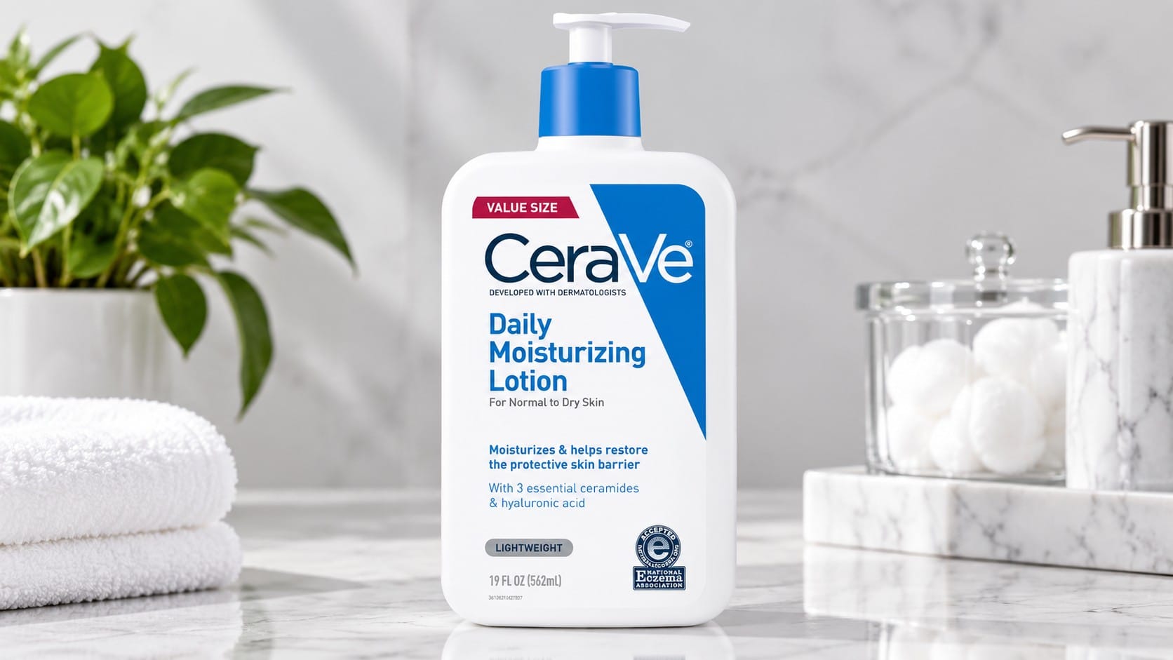 CeraVe Daily Moisturizing Lotion 19 oz value-size pump bottle on a marble bathroom counter beside white towels, a plant and a jar of cotton balls.