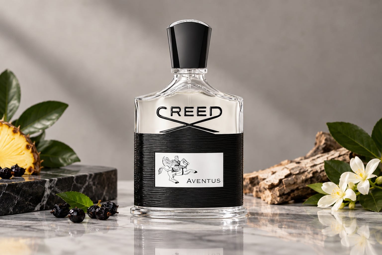 Creed Aventus bottle with its black textured band and horseback rider label on a marble surface, surrounded by pineapple, jasmine flowers, dark berries and driftwood.