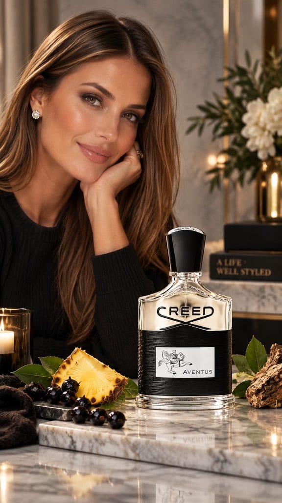Elegant woman in a black sweater seated behind a bottle of Creed Aventus and its gift box on a marble table with candles, citrus and dark berries.