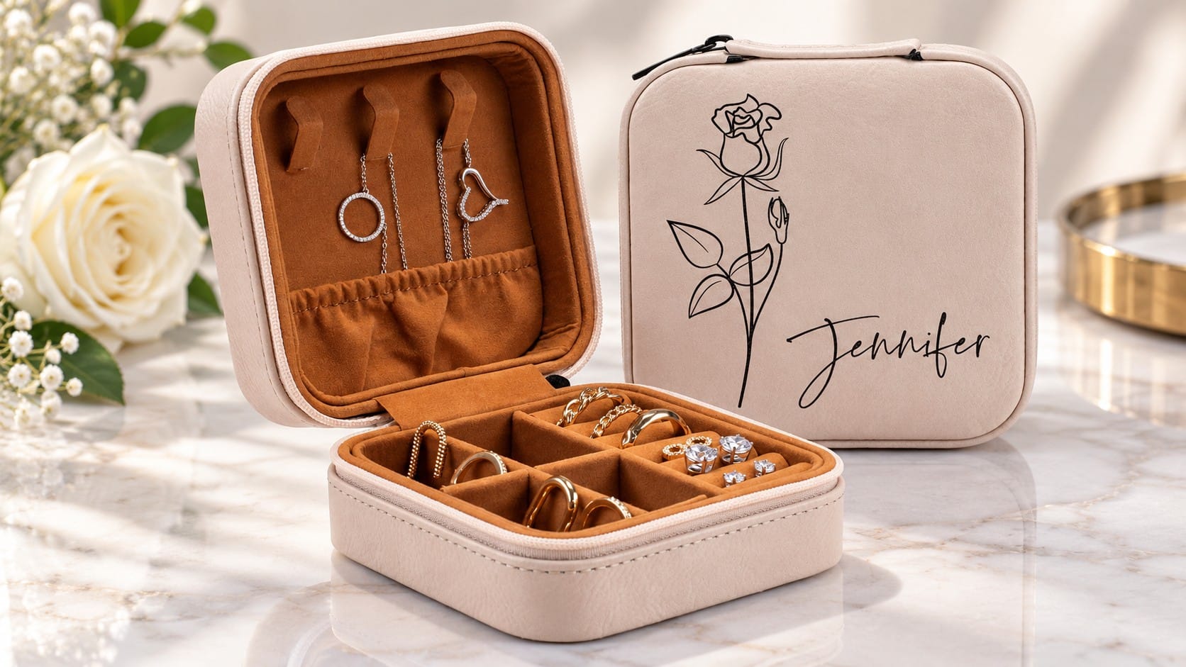 Open beige faux-leather jewelry travel case with necklaces, rings and earrings inside, beside a closed case engraved with a rose and the name Jennifer, on a marble counter with white roses.