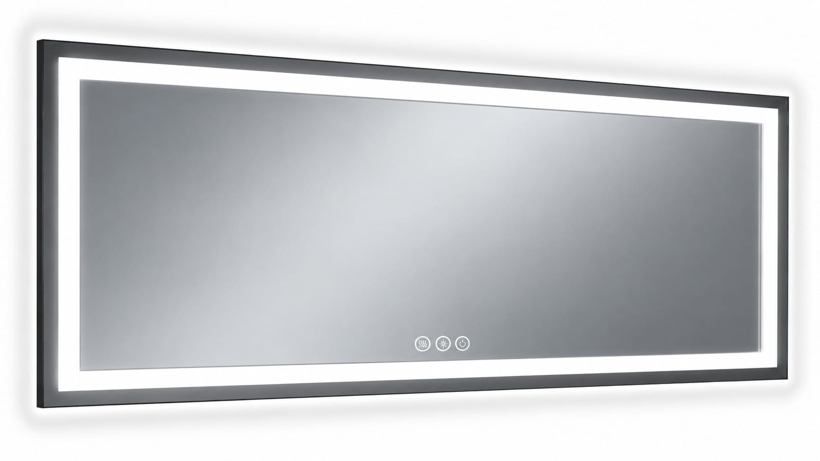 Wide black-framed LED bathroom mirror with a glowing front light band, soft backlit halo and three touch buttons for defog, light and power.