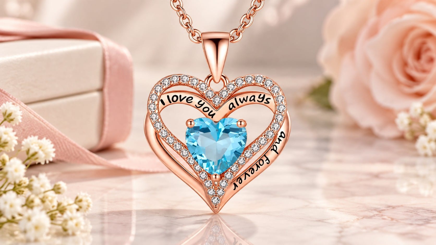 Rose gold-tone double-heart pendant with a crystal outline and a blue heart-cut stone, engraved "I love you always and forever," on a blush marble surface with roses and a gift box.