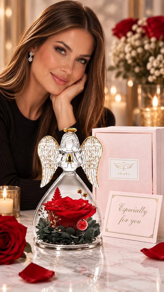 Sunia Preserved Rose Angel Figurine: A Forever Rose Gift for Mom, Grandma or Your Wife Smiling woman in a black sweater at a candlelit table behind a glass angel figurine with a preserved red rose, a pink gift box and an "Especially for you" card.