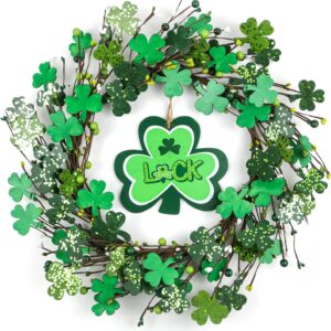 20” st. patrick’s day wreath – shining wooden lucky shamrock decor