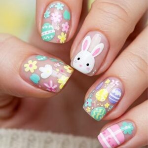 24 pcs easter press on nails short square bunny & egg designs