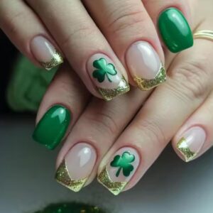 24pcs french metal glitter st. patrick’s day press on nails – short square clover set
