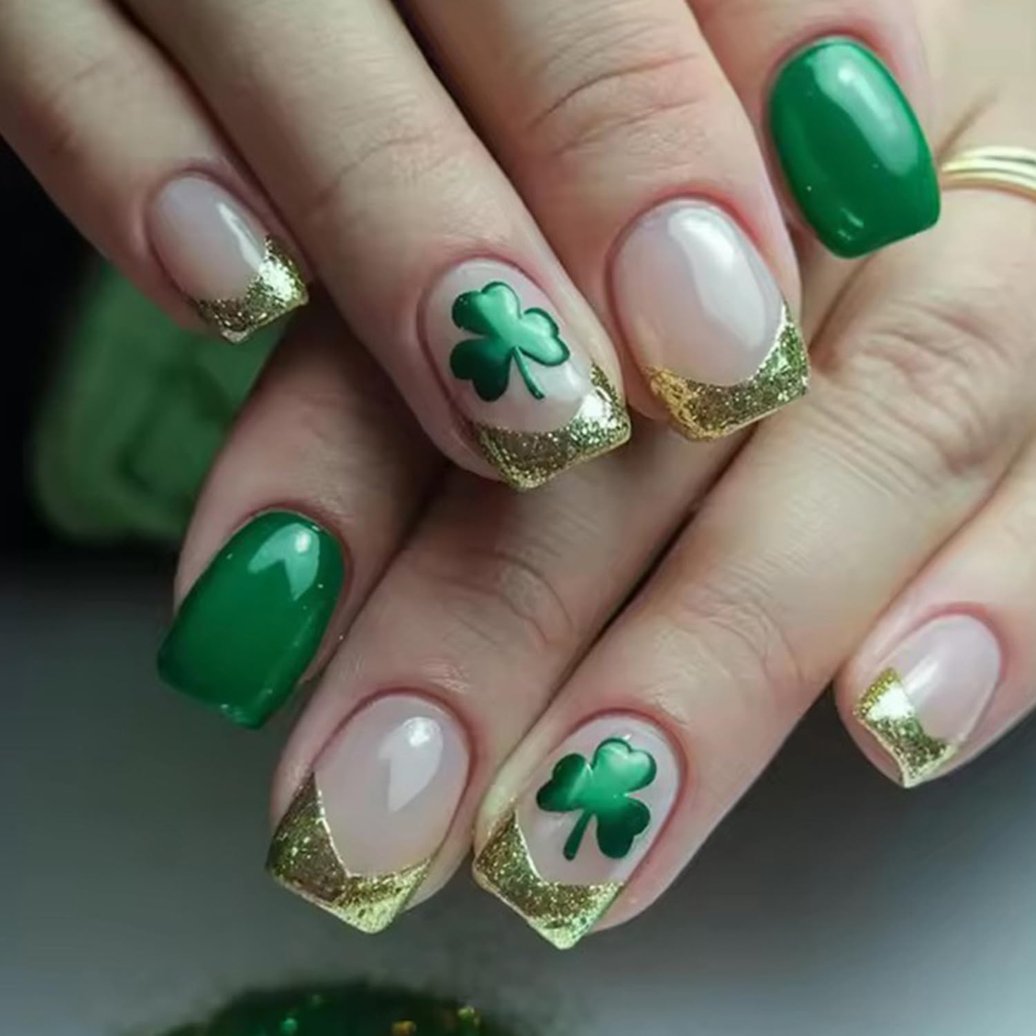 24pcs french metal glitter st. patrick’s day press on nails – short square clover set 24pcs french metal glitter st. patrick’s day press on nails – short square clover set