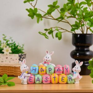 3 Bunny Holding Eggs – Happy Easter Resin Figurine Tabletop Centerpiece
