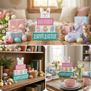 4 pcs wooden easter table decorations – cute bunny tiered tray décor set