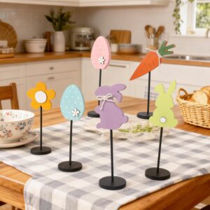 6pcs wooden easter decorations – bunny, egg & flower spring table signs