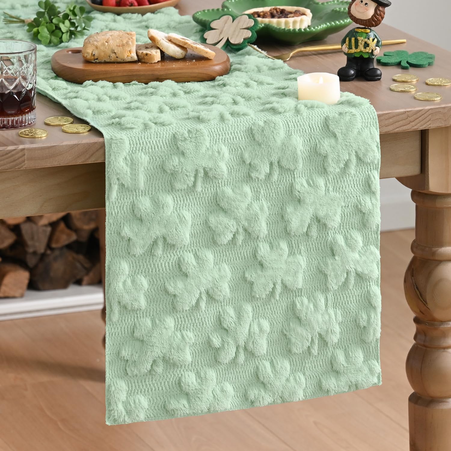 Artoid Mode Sage Green Lucky Clover Faux Fur Table Runner 13x72 Inch Artoid Mode Sage Green Lucky Clover Faux Fur Table Runner 13x72 Inch