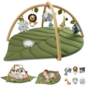 Blissful Diary Baby Play Gym & Activity Mat Oversize Leaf-Shaped Tummy Time Mat with 6 Toys
