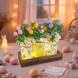 DR.DUDU Easter Table Centerpiece Set – Egg Picks in Glass Vases with Wood Tray & LED Lights (Set of 3)