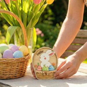 easter bunny basket layered wooden ornament – handmade 3d rabbit spring décor