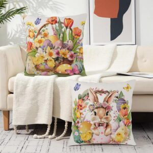 Easter Bunny Pillow Covers Set of 2 18x18 Spring Floral Farmhouse Decor