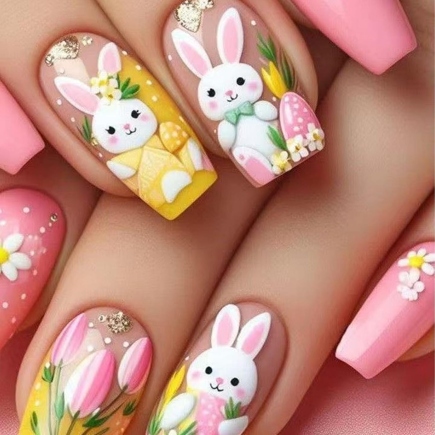 Easter Press-On Nails Medium Square Pink Bunny & Floral Designs (24 Pcs) Easter Press-On Nails Medium Square Pink Bunny & Floral Designs (24 Pcs)