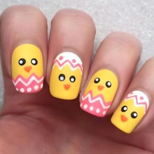 Easter Press-On Nails Medium Square Cute Yellow Chicken & Eggshell Design (24 Pcs)