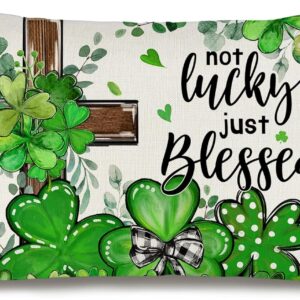 geeory 12x20” st. patrick’s day shamrock & cross pillow cover – farmhouse green decor