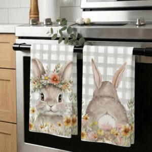 GEEORY Easter Kitchen Towels Set of 2 – Grey Buffalo Plaid Bunny & Floral Design (18x26 Inch)