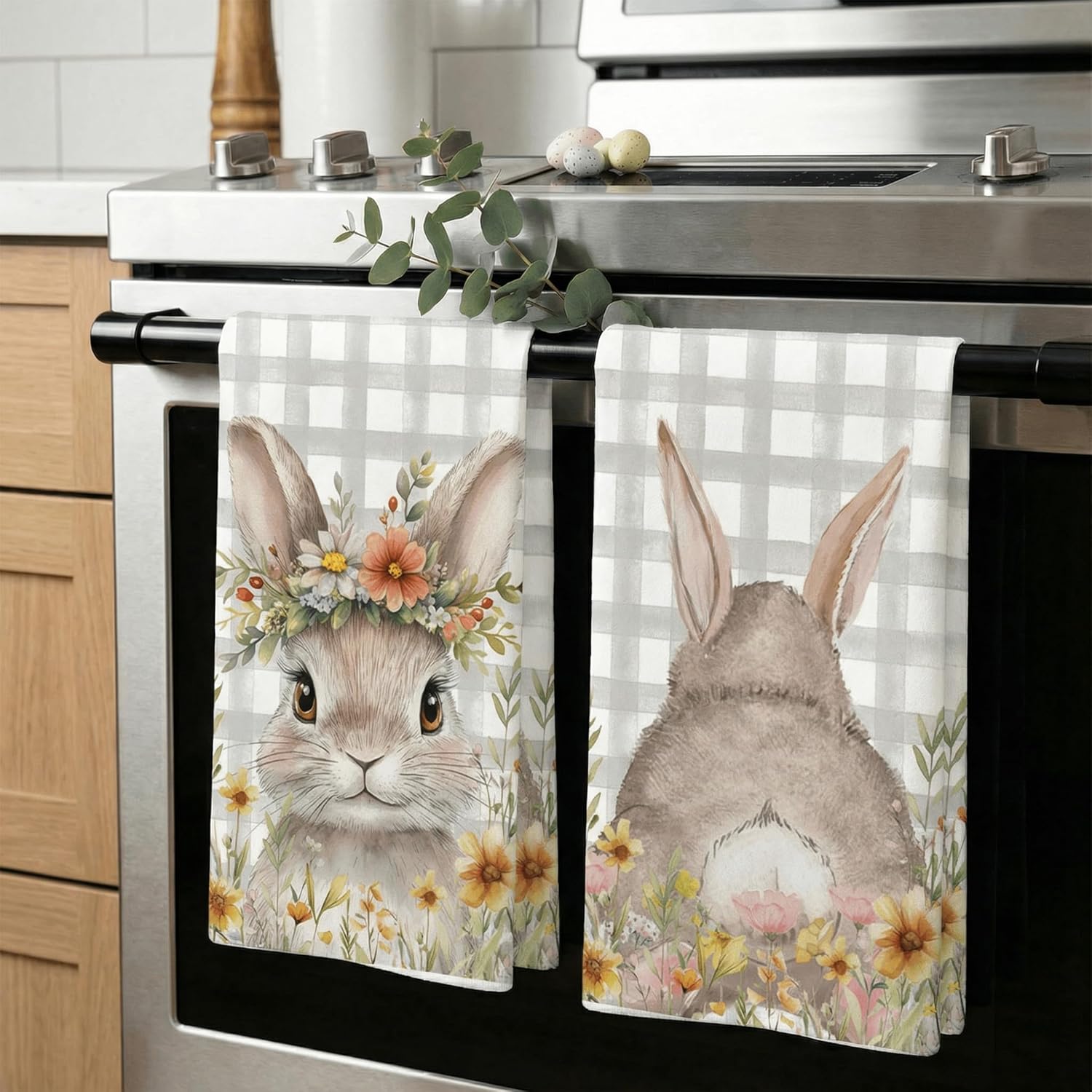 GEEORY Easter Kitchen Towels Set of 2 – Grey Buffalo Plaid Bunny & Floral Design (18x26 Inch) GEEORY Easter Kitchen Towels Set of 2 – Grey Buffalo Plaid Bunny & Floral Design (18x26 Inch)