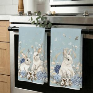 GEEORY Easter Kitchen Towels Set of 2 – Purple Hydrangea Bunny Farmhouse Design (18x26 Inch)