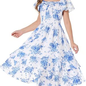GRACE KARIN Girls Floral Summer Dress – Flutter Sleeve Square Neck Midi (6–14Y)