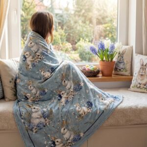 Horaldaily Easter Flannel Throw Blanket – Bunny, Eggs & Floral Cozy