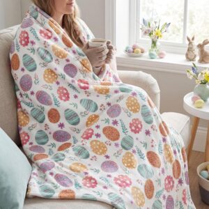 Horaldaily Easter Flannel Throw Blanket Colorful Egg & Floral Cozy Fleece