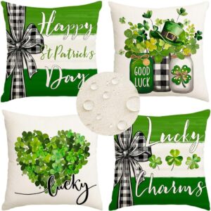 rabusofa st. patrick’s day outdoor pillow covers – 18x18” buffalo plaid shamrock set (4 pack)