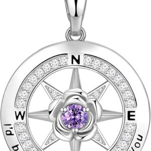 Silver Compass Necklace for Women Rose Flower Birthstone Jewelry Gift