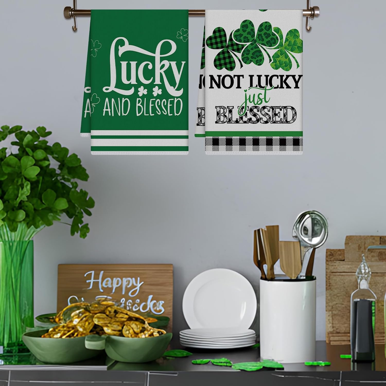 st. patrick’s day kitchen towels – set of 4 lucky shamrock & gnome dish cloths st. patrick’s day kitchen towels – set of 4 lucky shamrock & gnome dish cloths