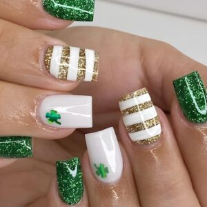 st. patrick's day glitter clover press on nails