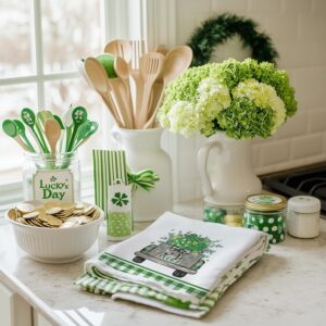st. patrick’s day kitchen towels – set of 2 green shamrock truck dish towels (dd072)