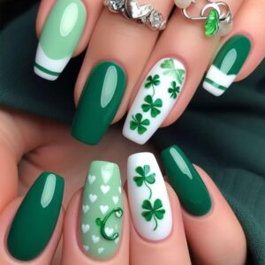 st. patrick’s day press on nails – medium coffin green french tip clover set (24 pcs)