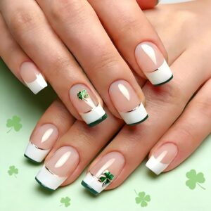st. patrick’s day press on nails – square white french tip shamrock set (24pcs)