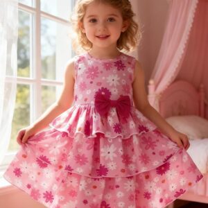 YALLET Toddler Sleeveless Knit Tiered Dress – Color Block Bow Holiday Style