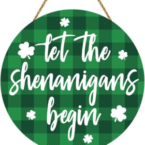 yunkkin st. patrick’s day buffalo plaid wreath – “let the shenanigans begin” door hanger