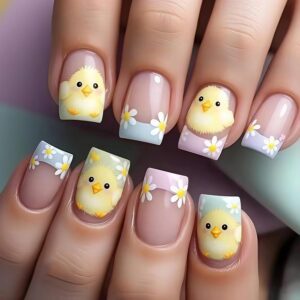 Easter Colorful French Press-On Nails Short Square Daisy Design (24 Pcs)