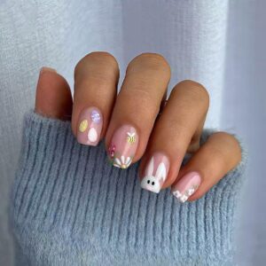 spring easter bunny press on nails – short square floral french design (24 pcs)
