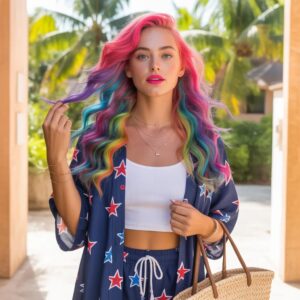 women's patriotic star print 2 piece short set casual summer kimono top & high waisted shorts for fourth of july, vacation & everyday warm weather style