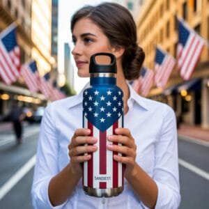 American flag insulated stainless steel water bottle in 32oz with vacuum chug lid as travel tumbler and patriotic gift
