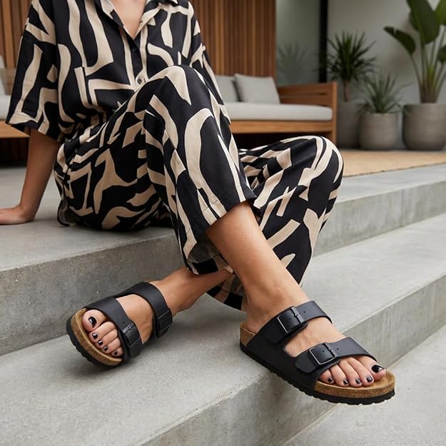 cushionaire lane cork footbed sandals for women double buckle slip on with suede footbed & arch support cushionaire lane cork footbed sandals for women double buckle slip on with suede footbed & arch support