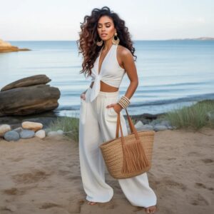 angerella women's elastic high waisted palazzo pants — casual wide leg long lounge trousers with pockets