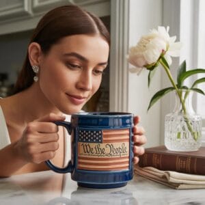 Old Southern Brass 16oz handmade ceramic coffee mug with embossed We The People American flag design