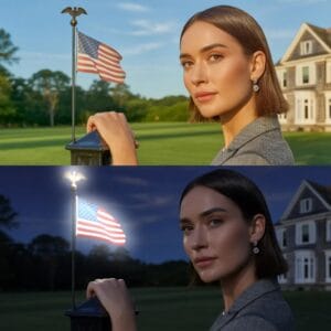 25ft heavy-duty aluminum flagpole kit with solar LED light, black eagle topper, ground sleeve, and 3x5 USA flag for outdoor display