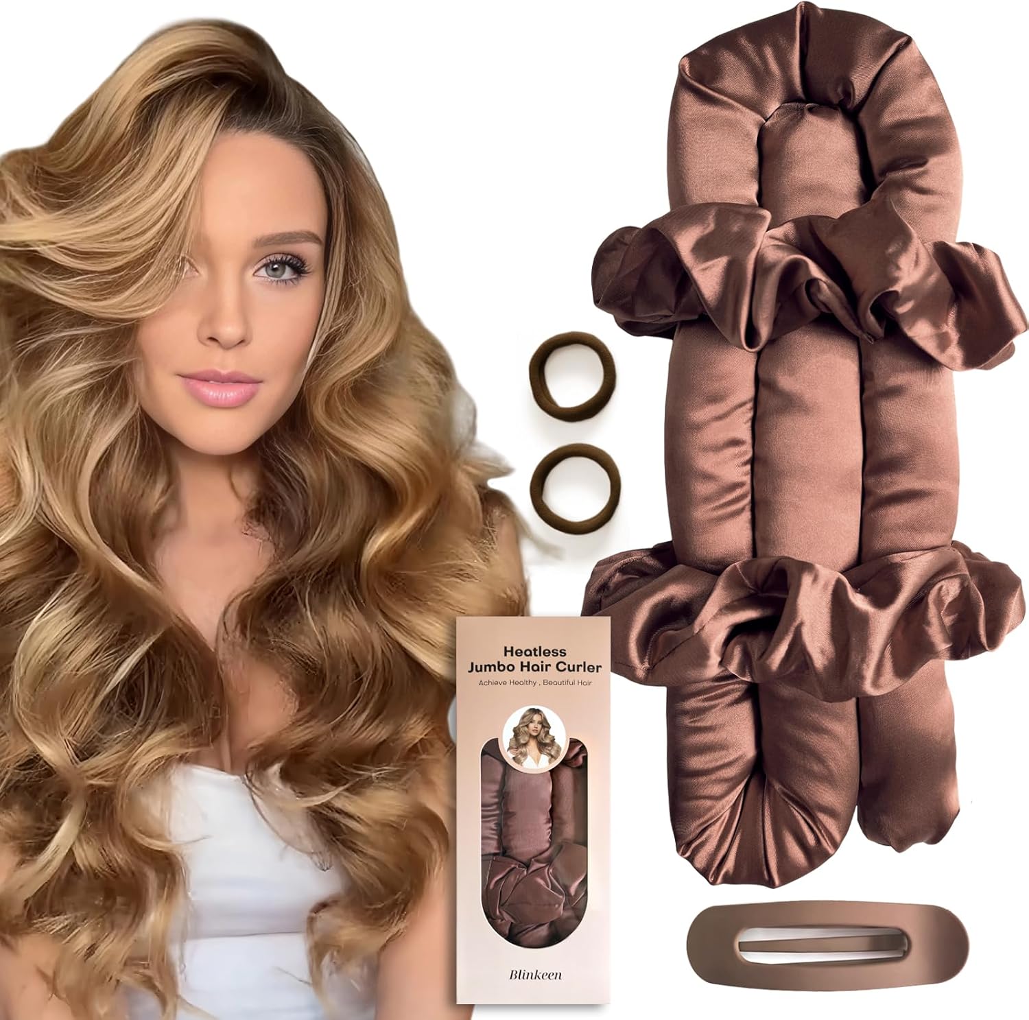 jumbo heatless hair curler set satin overnight curling headband (brown)