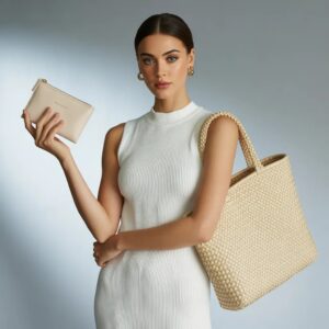 handmade woven vegan leather tote bag — women's satchel shoulder handbag with zip purse, travel & everyday carry