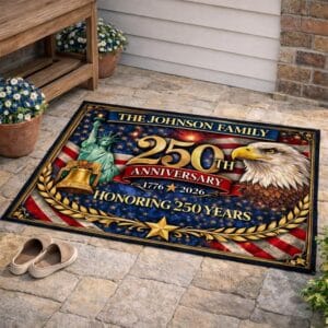 Personalized family name 250th anniversary eagle welcome mat with American flag design for July 4th and Flag Day porches