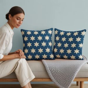 4th of july navy blue stars pillow covers set of 2, 18x18 inch patriotic linen cushion cases for sofa, couch & bed